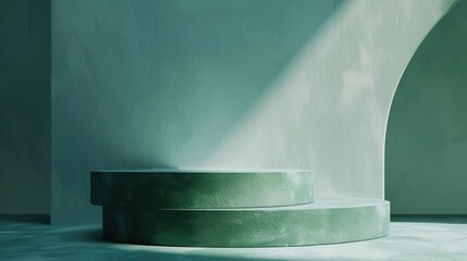 A minimalist green podium set against a soothing blue abstract background