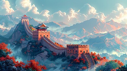 Obraz premium Design an illustration showcasing the majestic beauty and historical significance of the Great Wall of China stretching across rugged landscapes and symbolizing centuries of defense and cultural excha