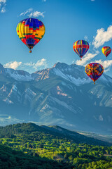 Naklejka premium A breathtaking sight of vibrant hot air balloons drifting gracefully over a majestic mountain range, against a backdrop of clear blue skies, symbolizing adventure, and exploration