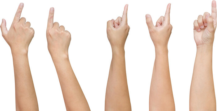 man hand touching or pointing to something set isolated on white background