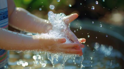 Fototapeta premium little kid hands wash with soap bubbles and rinse with clean water to prevent and stop the spread of germs after back to home, virus or covid19. Good health and good personal hygiene, virus, bacteria