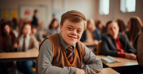 Cute schoolboy with down syndrome sitting at desk in classroom with students at school and smiling at camera. Back to school concept with copy space for text