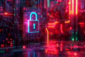 Fototapeta premium Vibrant Neon Security Lock on Tech Circuit