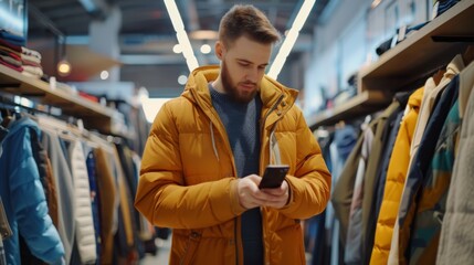 A handsome male customer takes advantage of his smartphone to browse the internet, compare merchandise online, choose stylish clothing. Fashionable shop, colorful brands, sustainable apparel.