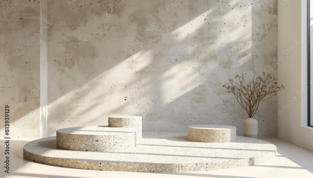 Poster The ambient lighting highlights the texture and details of the concrete podiums, adding visual interest and depth to the display