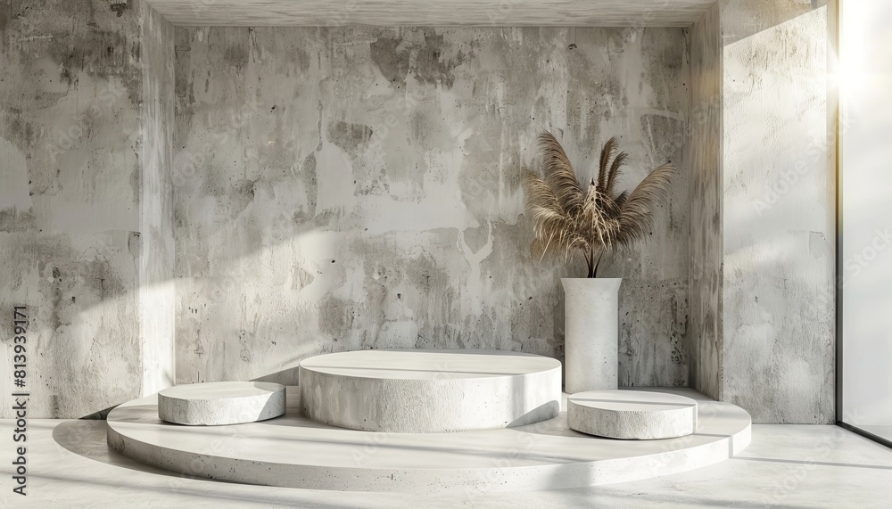 Poster the combination of concrete podiums and natural light adds a touch of modernity and sophistication t