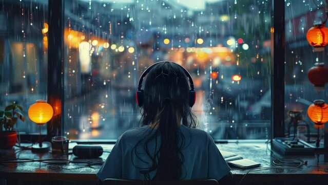 Lofi Girl Video Background, lo-fi girl relaxing music video, seamless loop, rain