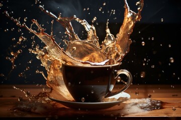 Dynamic image of a coffee splash from a cup on a wooden surface with a dark background