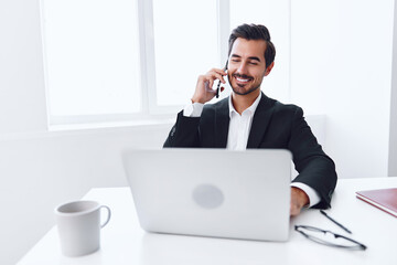 Man laptop talk businessman business technology job smiling computer office successful phone