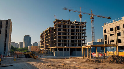 construction site for a large building with blue sky background