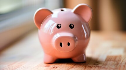 Pink piggy bank on a light wooden table with a blurred background with copy space. Financial saving money concept