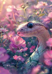 Obraz premium Snake slithering through pink flowers