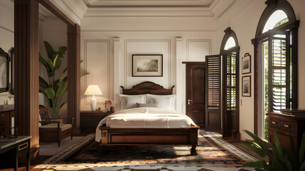 A bedroom in tropical colonial style, Interior design, Architectural concepts