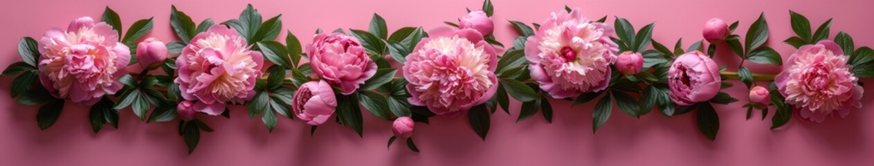 Fototapeta premium Frame made of beautiful peonies flowers on pink background. Flat lay, copy space, summer flowers,Vibrant Peony Blossoms in Pink Frame. Floral Beauty for Festive Occasions and Wall Decor. 4K Wallpaper.