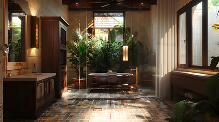 A bathroom in tropical colonial style, Interior design, Architectural concepts © Summer
