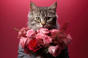 A cat holding a bouquet of roses