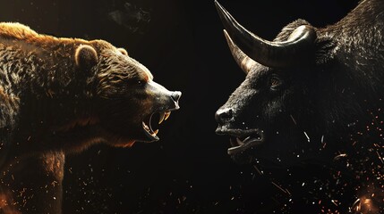 Big angry bear and angry horned bull are preparing for battle on black background. The concept of...