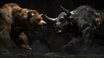 Big angry bear and angry horned bull are preparing for battle on black background. The concept of bull and bear stock markets The world of finance, business, stock exchange and finance
