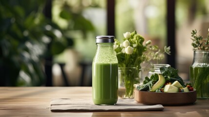 Obraz premium Healthy green smoothie mockup in a glass bottle with a plate of fruits and vegetables ingredients and a vase of flowers on a wooden table in a light kitchen