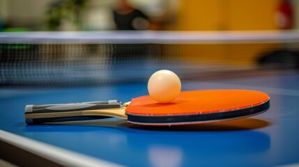 Close-up of a ping pong paddle and ball on a table tennis table with a blurred background.