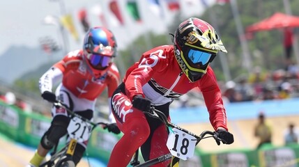 Obraz premium BMX racers in action, wearing helmets and numbered jerseys, competing on a sunny day.