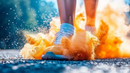Dynamic close-up of a runner's feet with explosive orange powder, capturing the energy of motion.