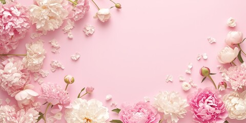 Obraz premium Frame made of beautiful peonies flowers on pink background. Flat lay, copy space, summer flowers,Vibrant Peony Blossoms in Pink Frame. Floral Beauty for Festive Occasions and Wall Decor. 4K Wallpaper.