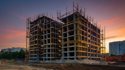 construction site for a large building with sunset sky background