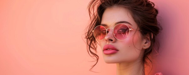 Fashionable young woman with pink sunglasses against a coral backdrop