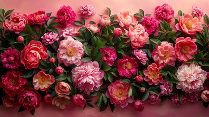 Naklejka premium Frame made of beautiful peonies flowers on pink background. Flat lay, copy space, summer flowers,Vibrant Peony Blossoms in Pink Frame. Floral Beauty for Festive Occasions and Wall Decor. 4K Wallpaper.