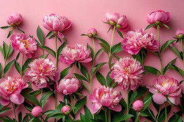 Frame made of beautiful peonies flowers on pink background. Flat lay, copy space, summer flowers,Vibrant Peony Blossoms in Pink Frame. Floral Beauty for Festive Occasions and Wall Decor. 4K Wallpaper.