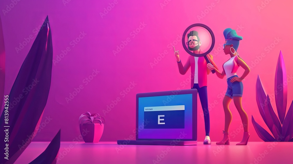 Poster modern characters with magnifier and laptop using seo keywording analysis and selection tool. search