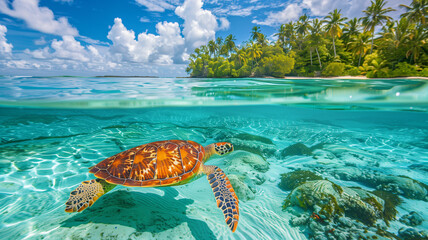 Turtle swimming near tropical island