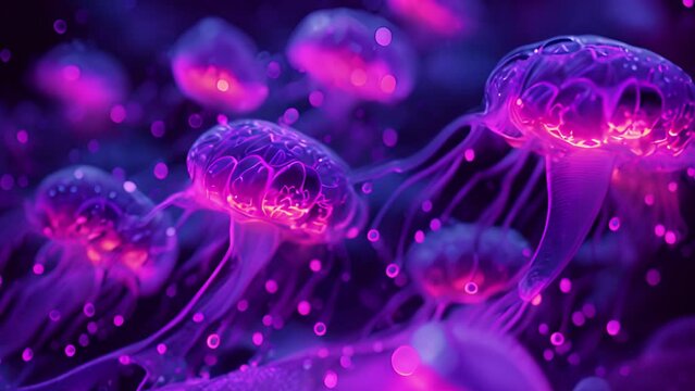 A group of jellyfish pulsing with vibrant neon hues in a dark sea.
