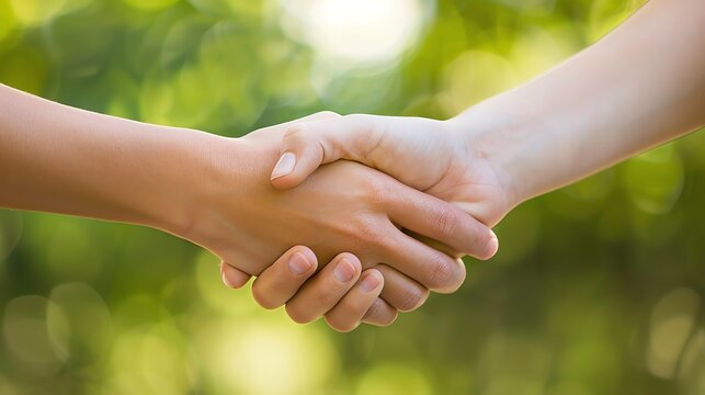 Two people of any race or gender shaking hands with a blurred background of foliage.