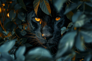 A black cat with yellow eyes is peeking out from behind some leaves