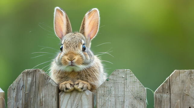 A rabbit is peeking over a wooden fence