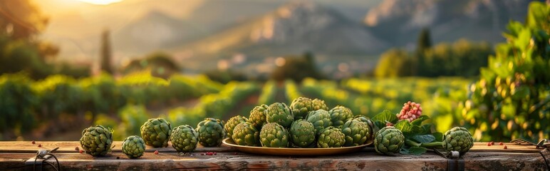 Fototapeta premium The golden basin is filled with fresh artichokes, the golden plate is placed on the wooden table, the background is a vegetable orchard, distant mountains, aristocratic cuisine, natural fresh vegetabl