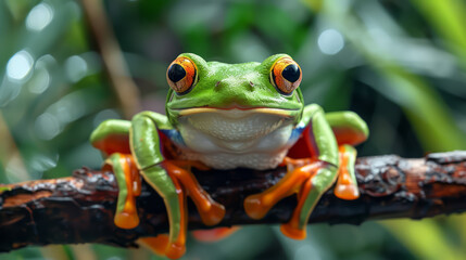 Naklejka premium A green frog with orange eyes is sitting on a branch