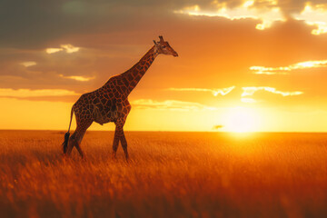A giraffe is walking in a field of tall grass