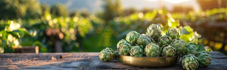 Fototapeta premium The golden basin is filled with fresh artichokes, the golden plate is placed on the wooden table, the background is a vegetable orchard, distant mountains, aristocratic cuisine, natural fresh vegetabl
