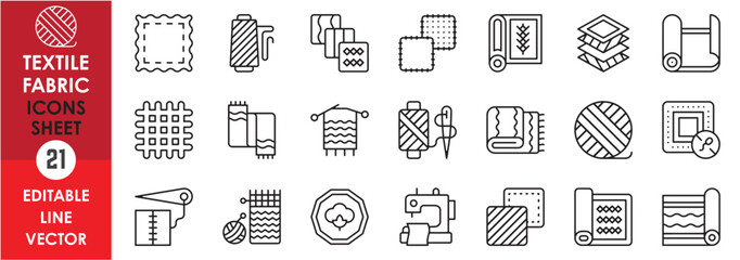 A set of line icons related to fabrics. Outline icons of fabric, knitting, patch, textiles and so on.