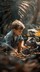 Young boy playing with dinosaurs in the forest