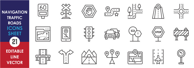 A set of linear icons related to roads and traffic. Navigation and traffic related outline icons set. Barrier, location, signals, roads and so on.