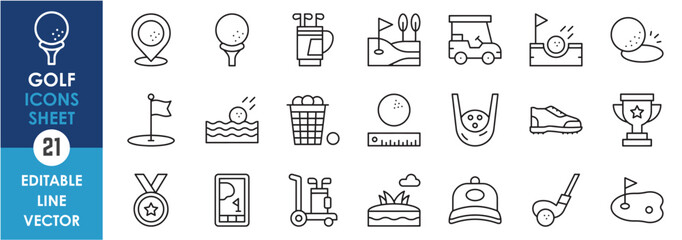 A set of linear icons related to golf. Golf ball, bat, course, outfit and so on. Outline sports icons set.