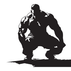Flat struggling bodybuilder silhouette, black vector illustration on white background