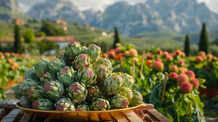 The golden basin is filled with fresh artichokes, the golden plate is placed on the wooden table, the background is a vegetable orchard, distant mountains, aristocratic cuisine, natural fresh vegetabl