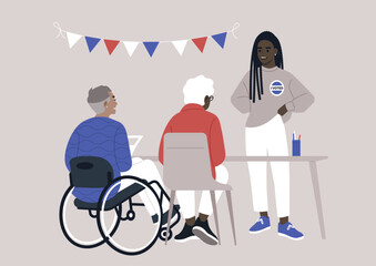 Engaged Youth Facilitating Democracy at Local Voting Station, A young adult assists an elderly voter at a registration desk, embodying civic participation