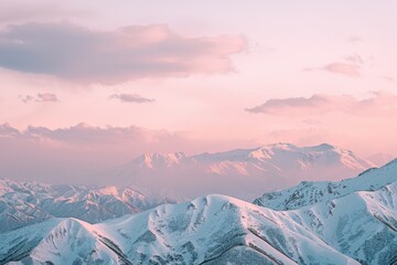 snowcapped mountains against a soft pastel sky, taken from an elevated perspective with a wide-angle lens to capture a vast mountain range Generative AI