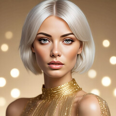 Portrait of beautiful young blonde woman with blue eyes and bob hairstyle. Blonde top model with short hairstyle and professional make-up.